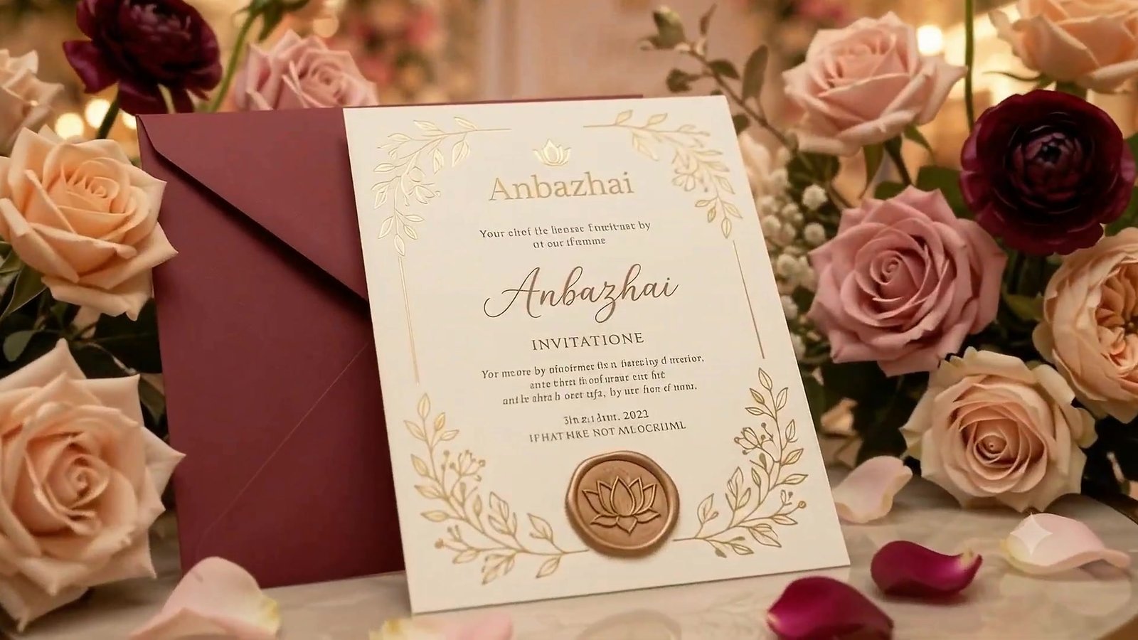 The final Anbazhai ivory invitation, burgundy envelope and blush roses