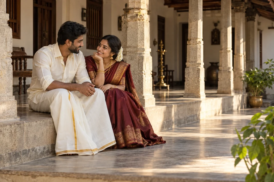 Tamil couple sharing a quiet moment in a Chettinad veranda
